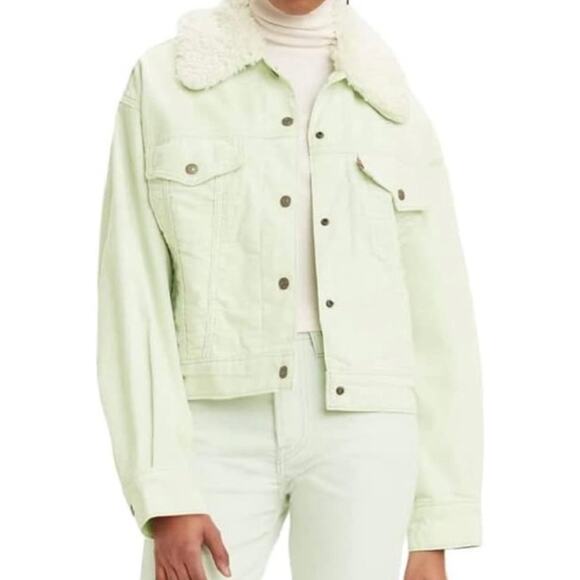 Levi Strauss Women’s Baby Cropped Corduroy Trucker Jacket‎ Mint Green 3X Sherpa - Picture 1 of 16